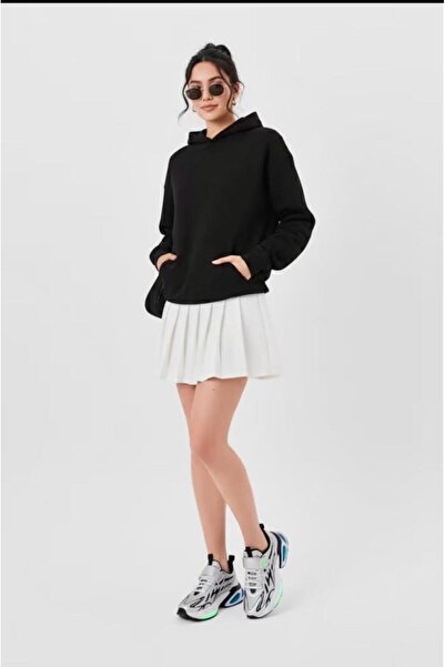 SELENA BUTİK Unisex Hooded Pocket Black Plain Sweatshirt