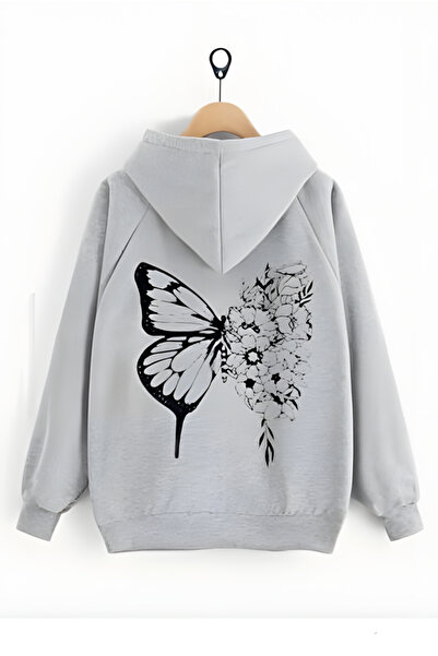 PENTLITH Women's Black Butterfly Printed Detailed Hooded Sweatshirt
