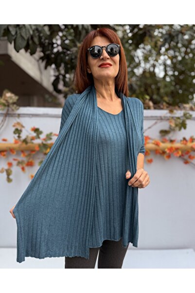 DenizEge material reiat Tricotaj cu eșarfă Albastru petrol