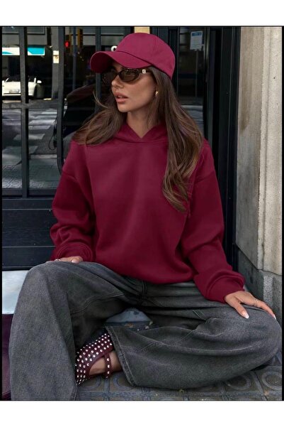 SELENA BUTİK Unisex Hooded Burgundy Sweatshirt with Pockets