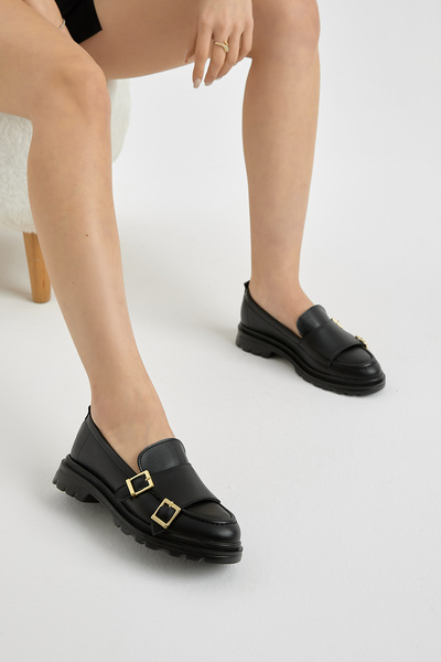 Tonny Black Women's Black Leather Thick Poly Sole Double Buckle Casual Loafer