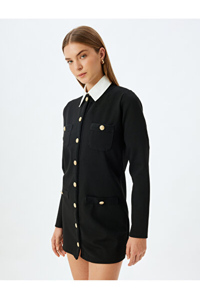 Koton Long Sleeve Shirt Collar Gold Button Detailed Mini Dress