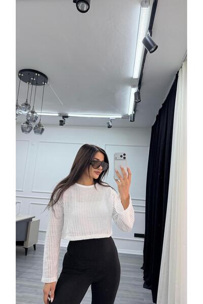 Daves Lace-Like Knit Long Sleeve Crew Neck Blouse