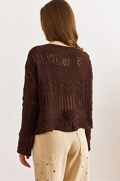 Olalook Women's Bitter Brown Tiny Pompom Lace-Like Knit Cotton Knitwear Blouse Blz-19002336