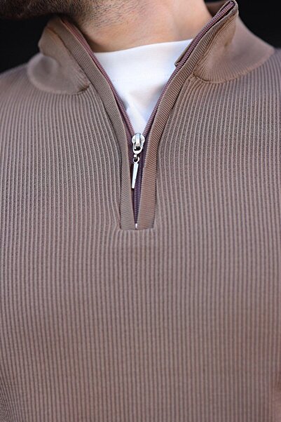Madmext Ανοιχτό καφέ πουλόβερ με μισό φερμουάρ ψηλός λαιμός Ανδρικό πλεκτό πουλόβερ 7442