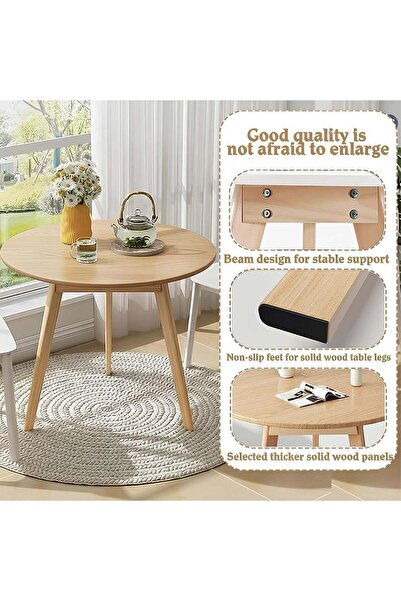 Taimi 3-Piece Modern Round Dining Set – Solid Wood Table 80x80x70cm with 2 White Padded Chairs