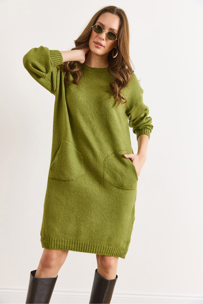 Olalook Women's Green Kangaroo Pocket Slit Knitwear Tunic Dress Elb-19002550