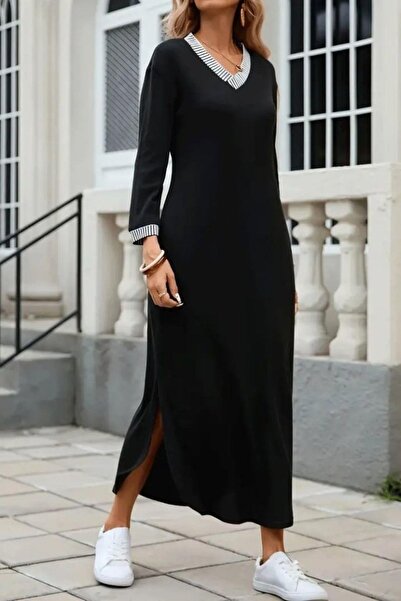 Mossta V-Neck Slit Viscose Two Thread Dress - Black