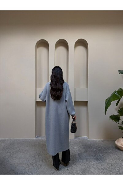 LE CARAMBOLE Women's Gray Low Sleeve Long Knitwear Cardigan