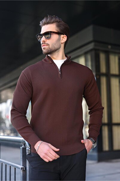 Madmext Καφέ Πλεκτό Πουλόβερ Ανδρικό με μισό φερμουάρ ψηλός λαιμός 7442