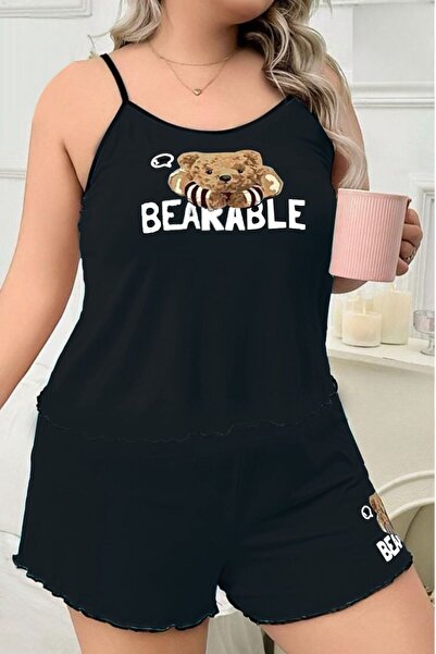 Nice Model Bear Print Pajama Set Women Cami Tank Top Shorts Two Piece Sleepwear Cute Loungewear Nightwear