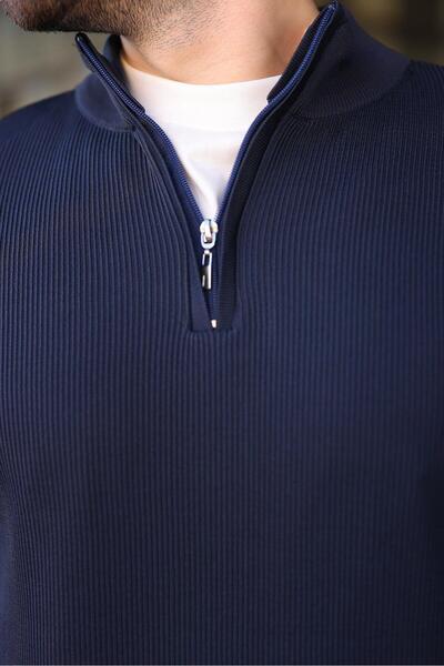Madmext Navy Blue Half Zipper Mock Neck Men's Knitwear Sweater 7442