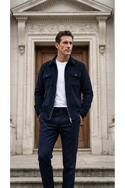 alenmeza Men's Navy Blue Zippered Double Pocket Comfortable Fit Velvet Shirt