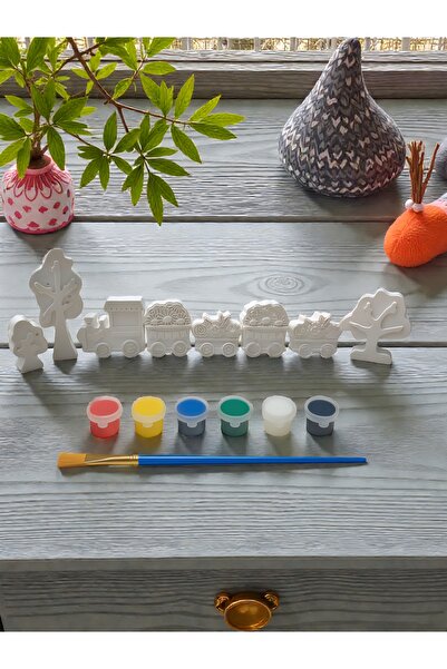 Atölye yüksel Mini Taş Tren Seti = 8 Taş + 6 Renk Boya + 1 Fırça