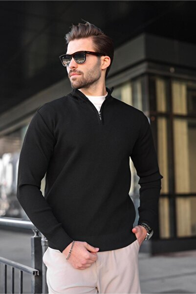 Madmext Black Half Zipper Mock Neck Men's Knitwear Sweater 7442