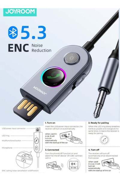 Joyroom محول بلوتوث 5.3 AUX للسيارة مقاس 3.5 مم مع خاصية إلغاء الضوضاء ENC وميكروفون مدمج