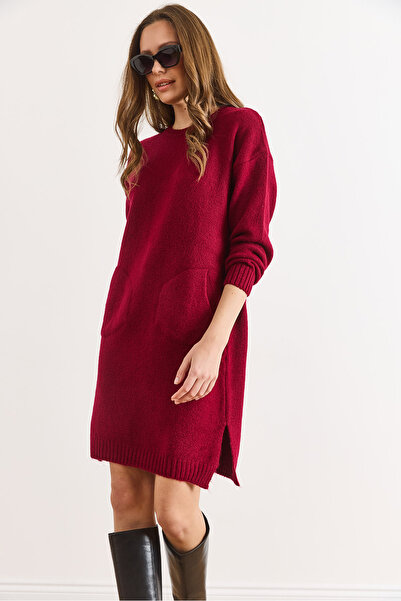 Olalook Women's Burgundy Kangaroo Pocket Slit Knitwear Tunic Dress Elb-19002550
