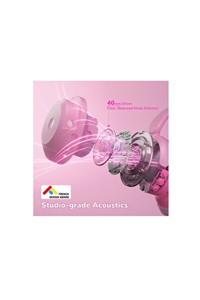 iClever BTH20 Headphones, Noise Cancelling, 60 H Playback, 80dBA Volume, Bluetooth 5.4, Wireless, Pink Color