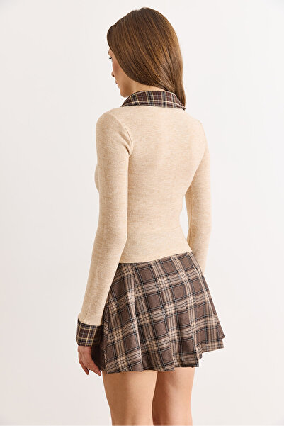 Olalook Γυναικείο μπεζ καρό πουκάμισο με λεπτομέρεια μαλακή μπλούζα BLZ-19003183