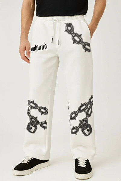 GökTR Men's Three Thread Cotton B Printed Pocket Jogger Buggy Pantalon O Oversized Mold - White