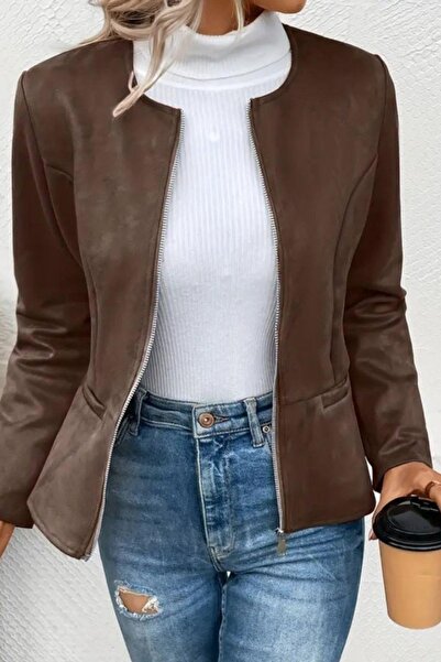 Mossta Σουέτ μπουφάν με στρογγυλή λαιμόκοψη και φερμουάρ - Καφέ