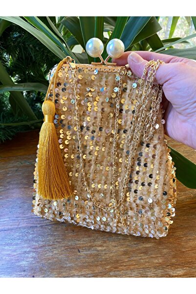 Home 18X18 Size Sequin Evening Bag – Chain Strap, Pearl Buckle, Gold Color 100% Handmade