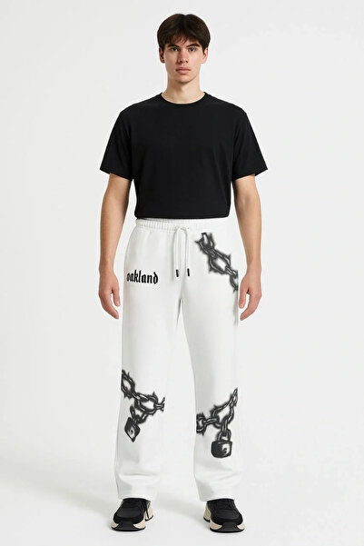 GökTR Men's Three Thread Cotton B Printed Pocket Jogger Buggy Pantalon O Oversized Mold - White