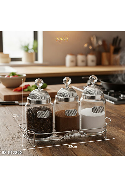 Hinora Yaprak Model Glass 3-Piece Tray Spice Rack Set 33X23X11Cm