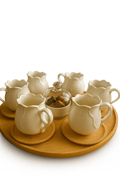 CEZVE HOME 6-Piece Coffee Cup Set in Rose Shape with Bamboo Rotating Stand and Turkish Delight Holder Detail