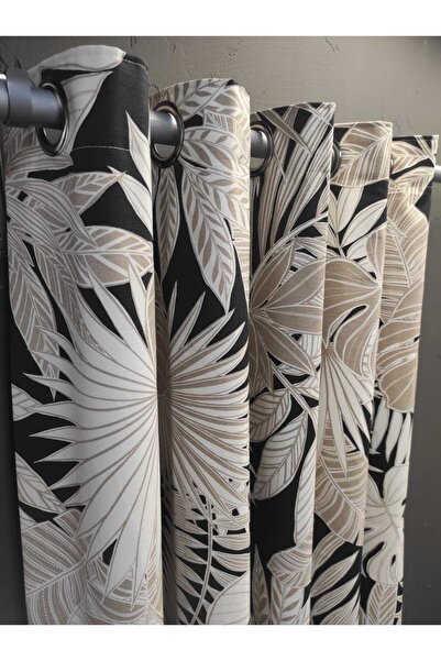 Evcimenhome Thermal Lined Linen Rustic Curtain with Eyelet Metal Rings 170Cmx225Cm Monstera