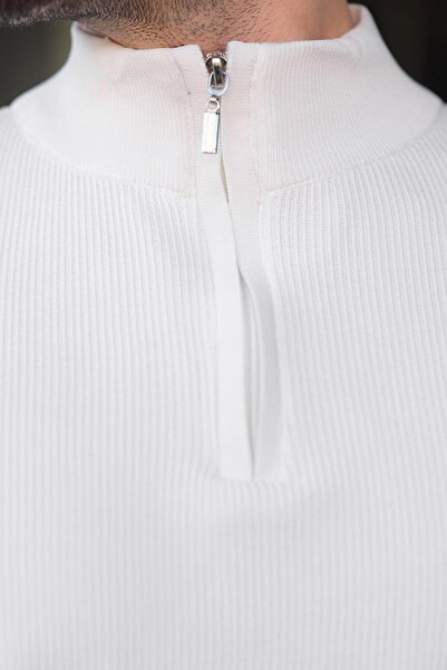 Madmext Λευκό πουλόβερ με μισό φερμουάρ ψηλός λαιμός Ανδρικό πλεκτό πουλόβερ 7442