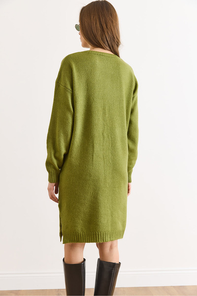 Olalook Women's Green Kangaroo Pocket Slit Knitwear Tunic Dress Elb-19002550