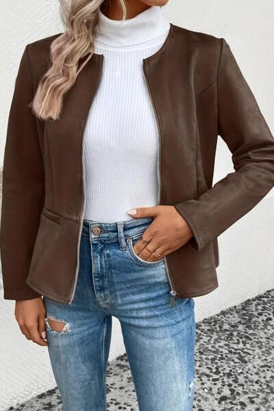 Mossta Σουέτ μπουφάν με στρογγυλή λαιμόκοψη και φερμουάρ - Καφέ