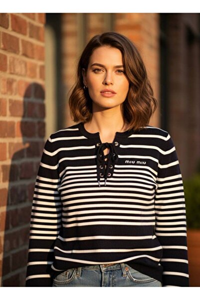 YusGos Women's Tie Neck Striped Steel Knit High Quality Knitwear Sweater