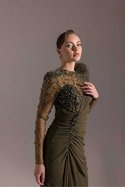 Kenzel Göz Alıcı Abiye Elbise - Tüy Detaylı, Taş İşlemeli, Yırtmaçlı Gece Elb...