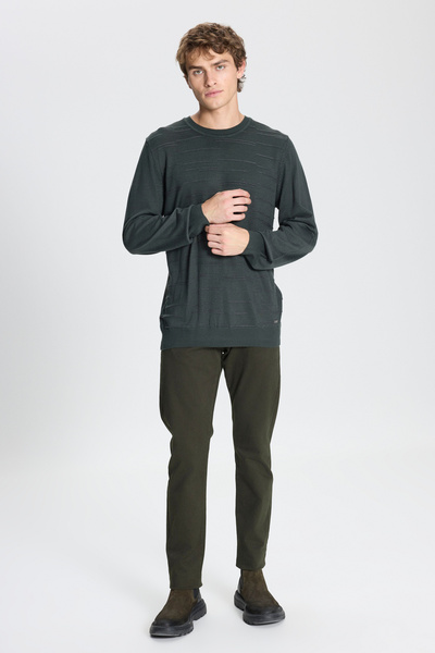 ALTINYILDIZ CLASSICS Πράσινο-ανθρακί μάλλινο πουλόβερ με κανονική εφαρμογή και κορδόνι με λαιμόκοψη