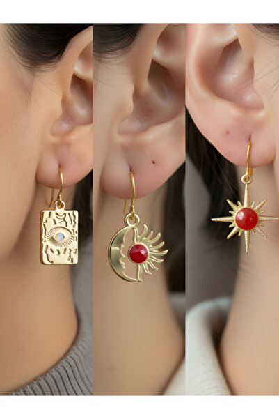 TURBİJ مجموعة أقراط نسائية من 3 قطع على شكل نجمة الشمس والقمر