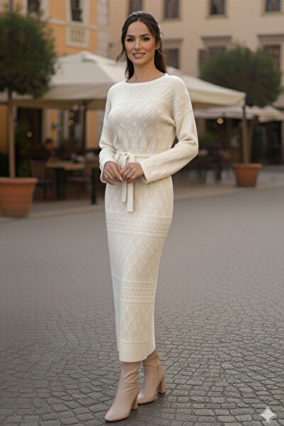 benguen Πλεκτό φόρεμα με δικτυωτό σχέδιο μπακλαβά R4454 Χρώμα πέτρας