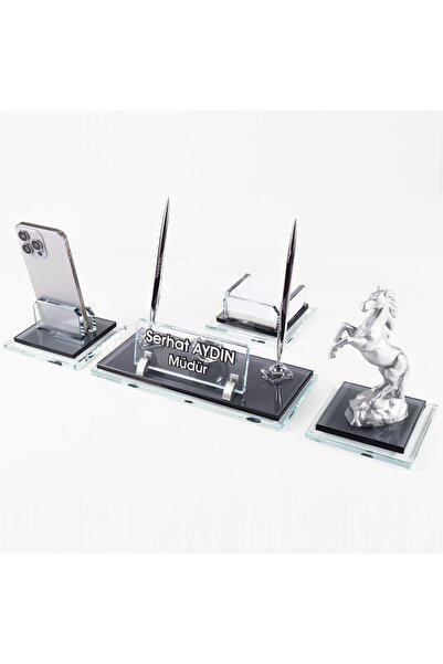Ofistike Prime Şahlanan At Biblolu Kristal Masaüstü İsimlik Seti Ofis Hediyes...
