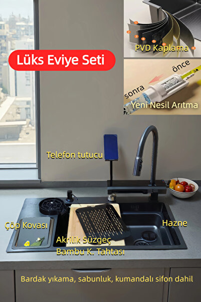 LIFE TIME DESIGN Telefon Tutuculu Lüks Şelale Musluklu Çöp Kovalı Eviye Seti(...