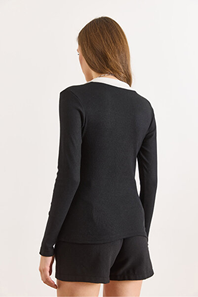 Olalook Women's Black and White Collar Detailed Buttoned Corded Fabric Stretchy Blouse Blz-19003181