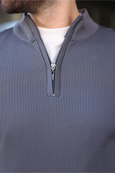 Madmext Anthracite Half Zipper Mock Neck Men's Knitwear Sweater 7442
