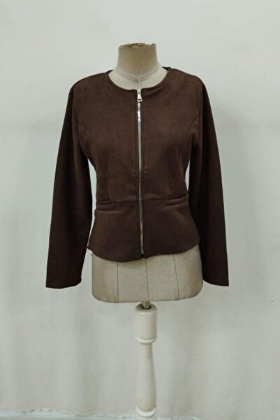 Mossta Σουέτ μπουφάν με στρογγυλή λαιμόκοψη και φερμουάρ - Καφέ