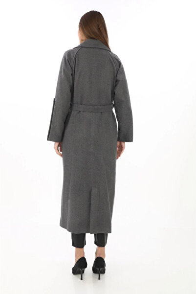 buğrahayalin Long Cashmere Coat – Woolen Woven Cashmere Fabric, Double-Breasted Collars, Belted Lined Hijab Suit