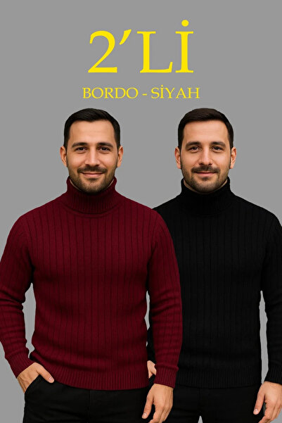 GökTR Men's Corded Fabric Knitwear Sweater Set of 2 Burgundy Black Regular Turtleneck Full-Throated Knitwear Set Model