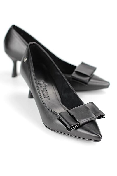Gökhan Talay Vellon Flexible Soft Non-Slip Sole (4 cm) Black Leather Corner Bow Women's Heeled Shoes