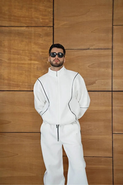 GökTR Men's Premium Piece Tracksuit Set - Mock Neck Zippered Piped Sweatshirt Rubber Cuffed Bottom, Ov