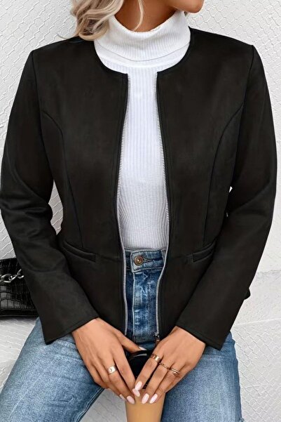 Mossta Round Neck Zippered Suede Jacket - Black