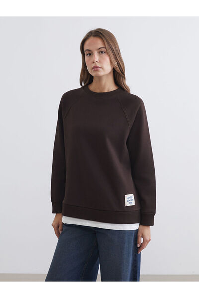 LC Waikiki Kahverengi Bisiklet Yaka Oversize Kadın Kalın Sweatshirt