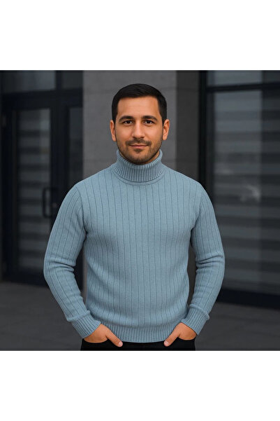 GökTR Men's Turtleneck Knitted Sweater Cotton Thick Corded Fabric Weaving, Regular Fit Long Sleeve Red